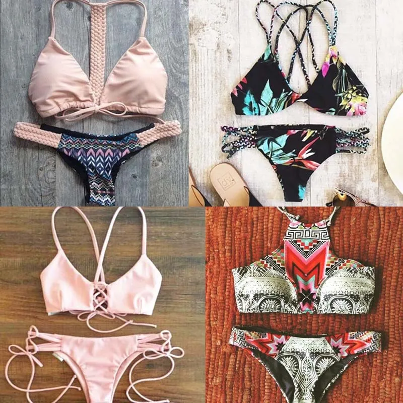 

2016 Vintage Bikini Swimsuit Women Triangle Strap Bathing Suits Sexy Female Brazilian Bikinis Top Bottom Summer Beachwear