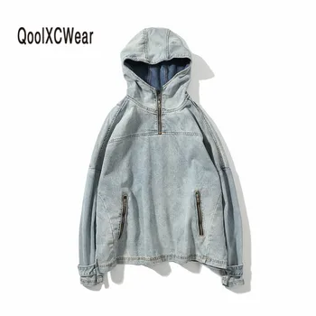 

QoolXCWear Men Vintage Fashion Pullover Denim Hooded Jacket Spring Autumn Male Women High Street Hip Hop Casual Jean Coat
