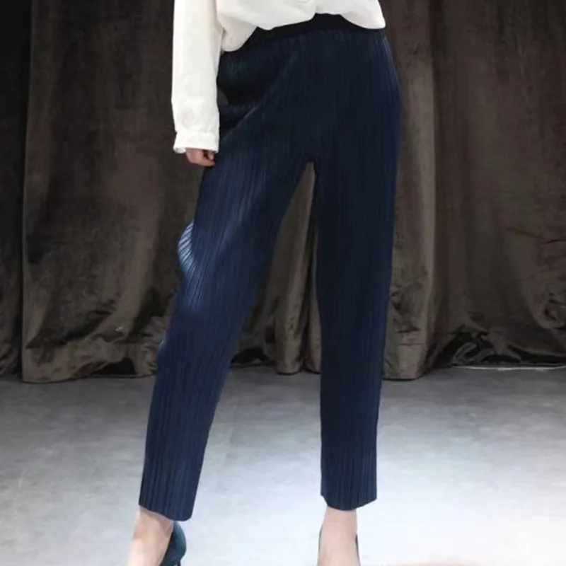 LANMREM Осенние новые повседневные Модные темпераментные женские свободные плиссированные прямые брюки с высокой талией TC519 - Цвет: dark blue