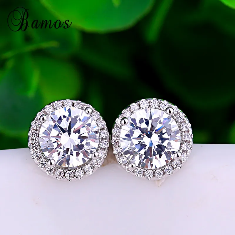 Bamos Silver Color Fashion Jewelry Round White AAA Zircon Earrings For Women Bridal Stud Best Christmas Gift HE021 | Украшения и