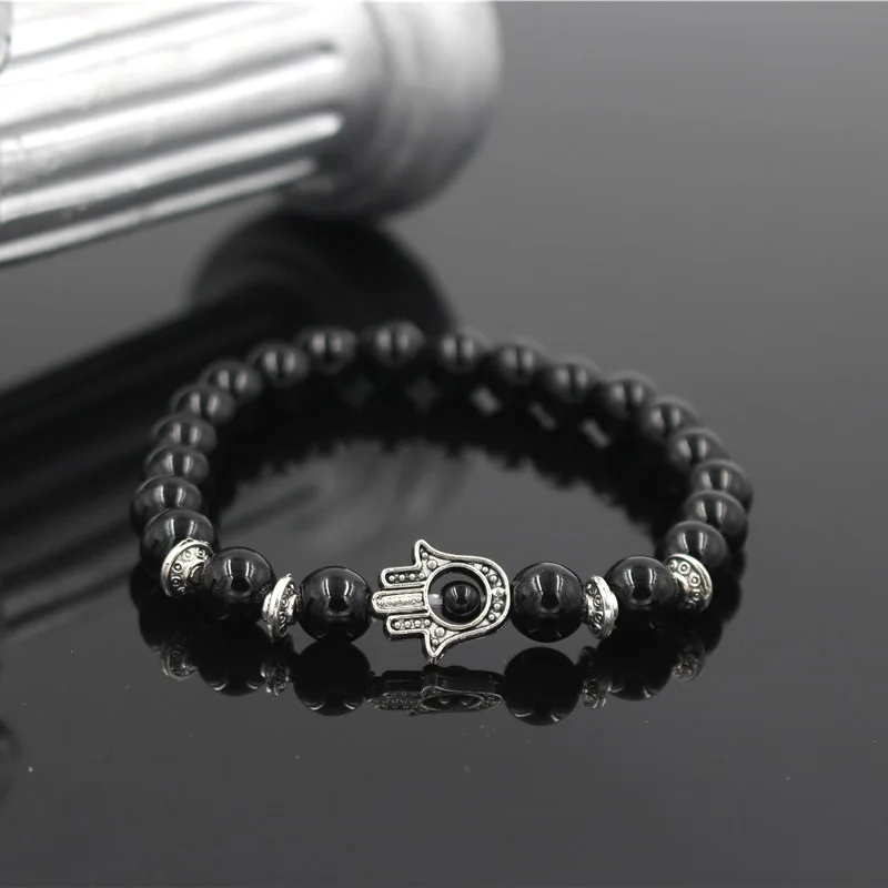 Yoga Bracelet Fatima Hands Hamsa Charm Lava Howlite Stone Bead Elastic For Men Women bracelet jewelry