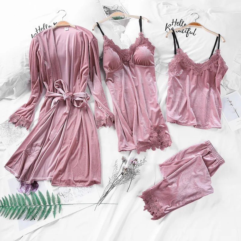 

VVUES 2019 Velvet 4 Pieces Warm Winter Pajamas Sets Women Sexy Lace Robe Pajamas Sleepwear Kit Sleeveless Nightwear Drop Ship