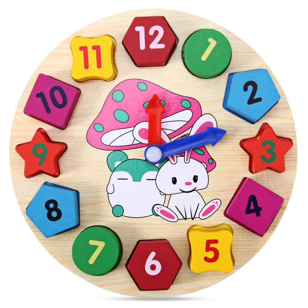 Wooden 12 Number Clock Toy Cartoon Pattern Digital Blocks Clock For