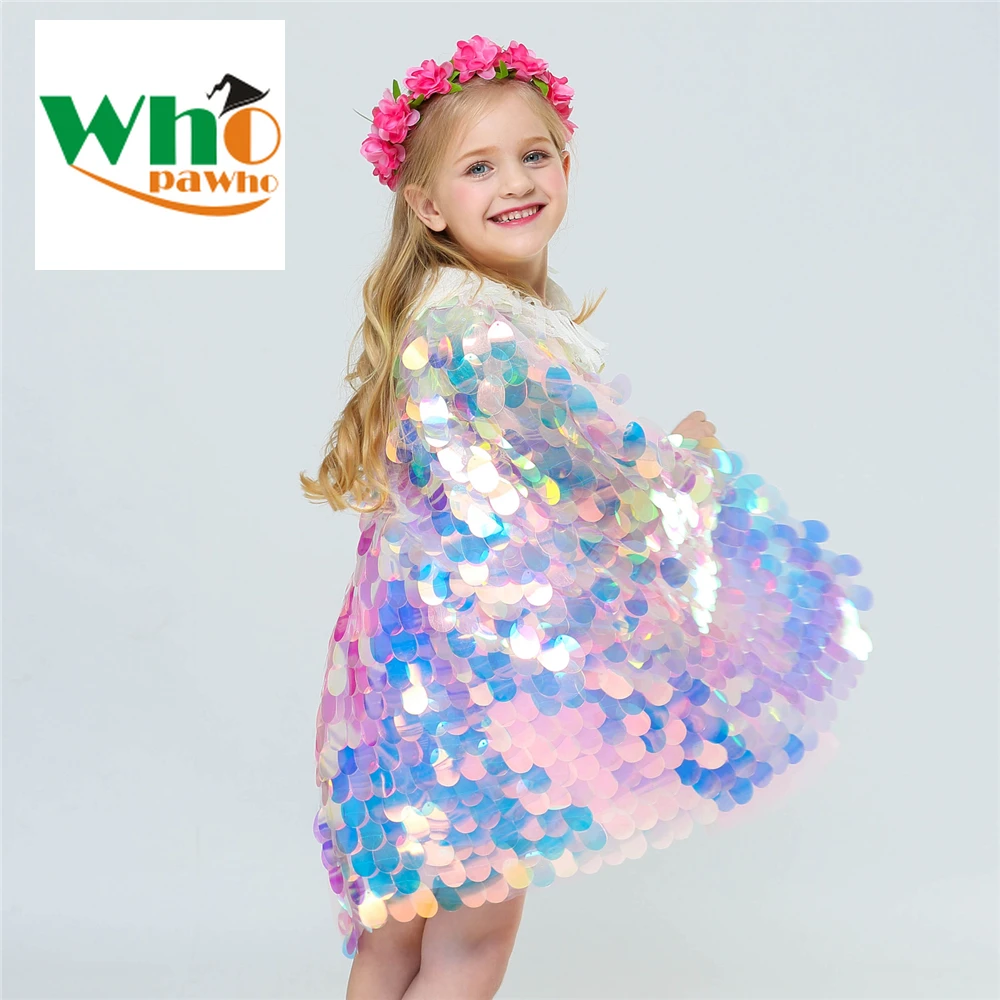 

2020 Sweet Fairy Princess Cape Ariel Dress New Sequin Cloak Shiny Mermaid Costume Girls Christmas Halloween Fancy Dress