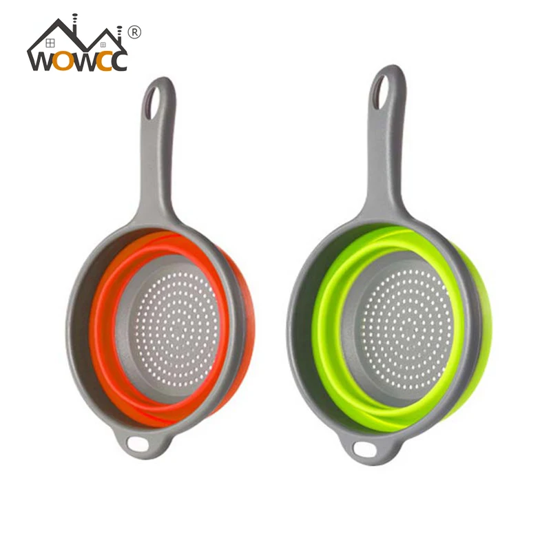 

WOWCC Foldable Silicone Colander Round Fruit Vegetable Washing Basket Strainer Collapsible Drainer With Long Handle Kitchen Tool