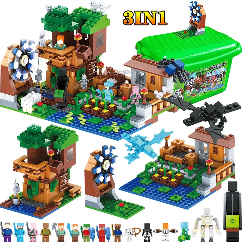 

3 IN 1 My World Series Compatible LegoINGLY Minecraft Luxury Tree House Village Farm Building Blocks Windmill Brick Kids Toy
