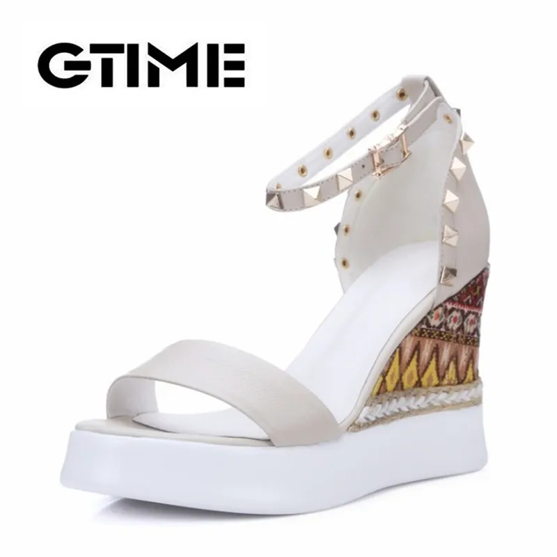 

GTIME Fashion Summer Women Sandals Buckle High Heels Pumps Wedges Platform Bohemian Print Rivets Weave Leather Shoes Party #B55