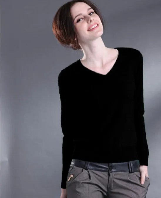 Портной овечий свитер женский кашемировый свитер с v-образным вырезом женский шерстяной пуловер Однотонная рубашка тонкий свитер - Цвет: black