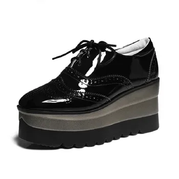 

New Fashion Women High Platform Wedge Lace Up Round Toe Oxford Creeper Shoes High Heels Platform Pumps British Tide Stars Shoe