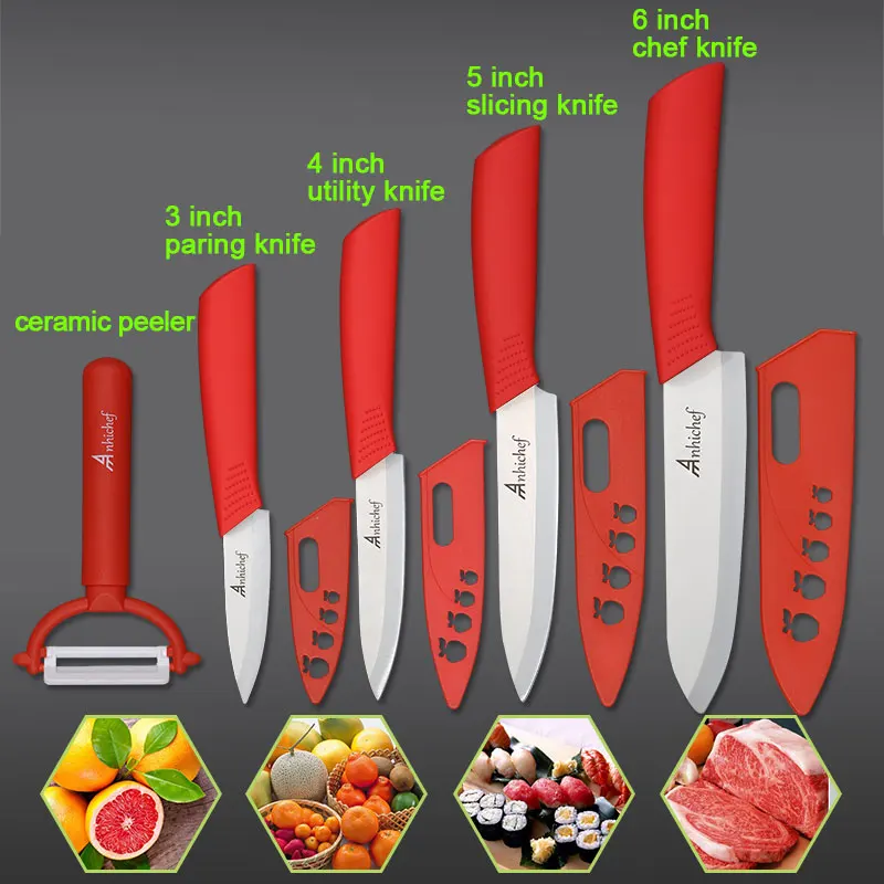Керамические ножи, кухонные ножи 3, 4, 5, 6 дюймов, поварской нож, поварской набор+ Овощечистка, белый цирконий, лезвие, многоцветная ручка, высокое качество - Цвет: 4 Red Knives Set