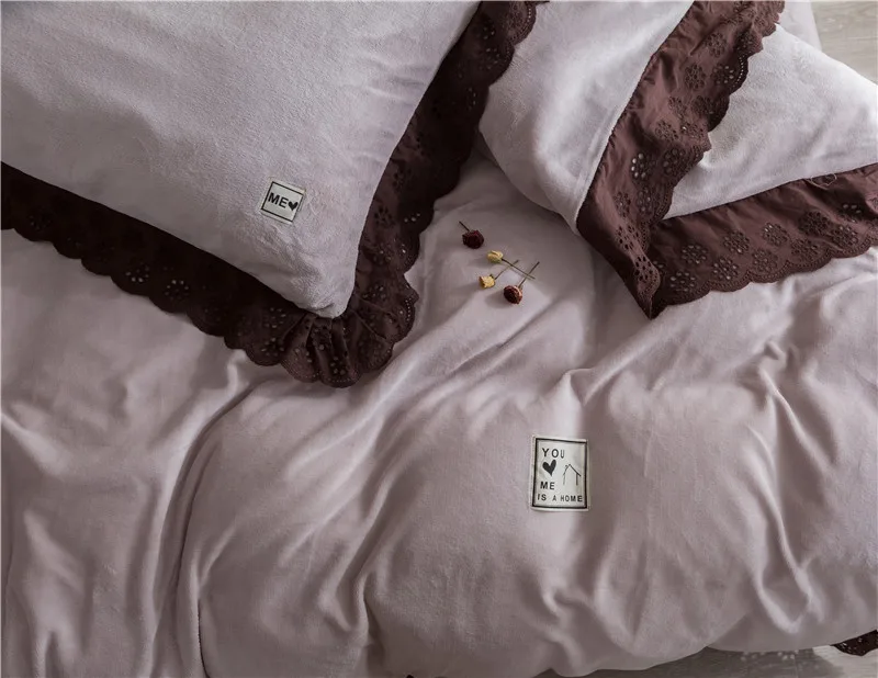Ivose роскошный комплект постельного белья; на зиму 4 шт. теплая фланелевая кровать комплект королевского размера кружева пододеяльник простыня набор