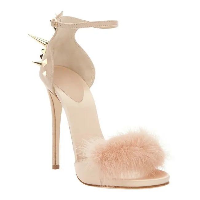 

Elegant Women Sandals Rivets Feathers Peep Toe Ultra Thin Heels Ankle Buckle Strap Sandals Shoes Woman Plus EU Size 35-46