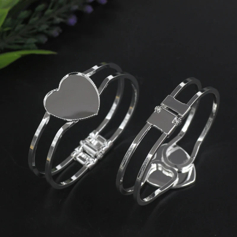 

High Quality 25mm Silver Plated Heart Bangle Base Bracelet Blank Findings Tray Bezel Setting Cabochon Cameo(08262)