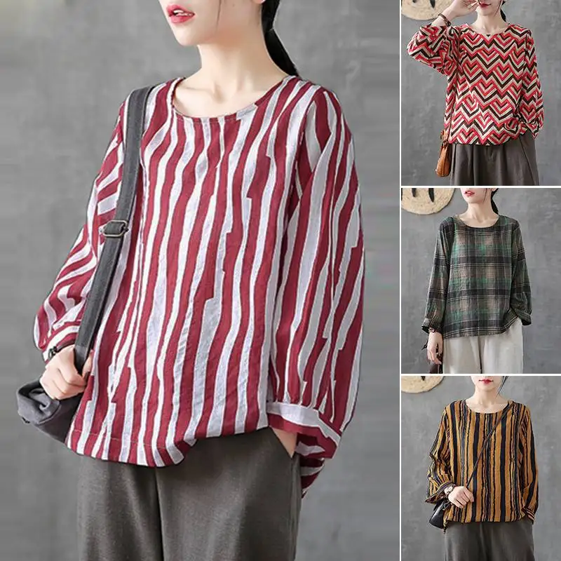

Women's Blouse ZANZEA Vintage Printed Long Sleeve Striped Shirt Casual Plaid Blouses Robe Femme Autumn Tunic Tops Blusas Mujer