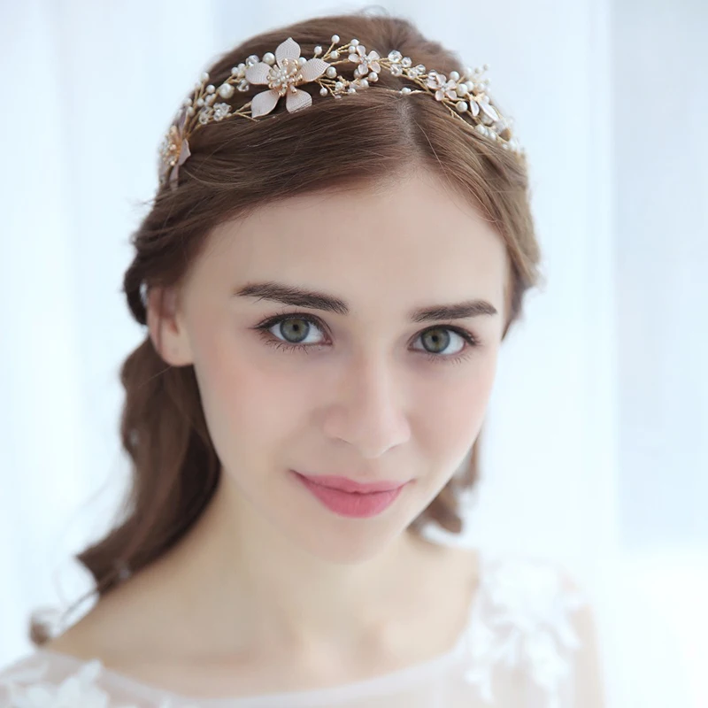 

Crystal Handmade Flower Pearl Hairbands Hair Accessories For Wedding Bride Rhinestone Leaves Beads Headbands For Girl