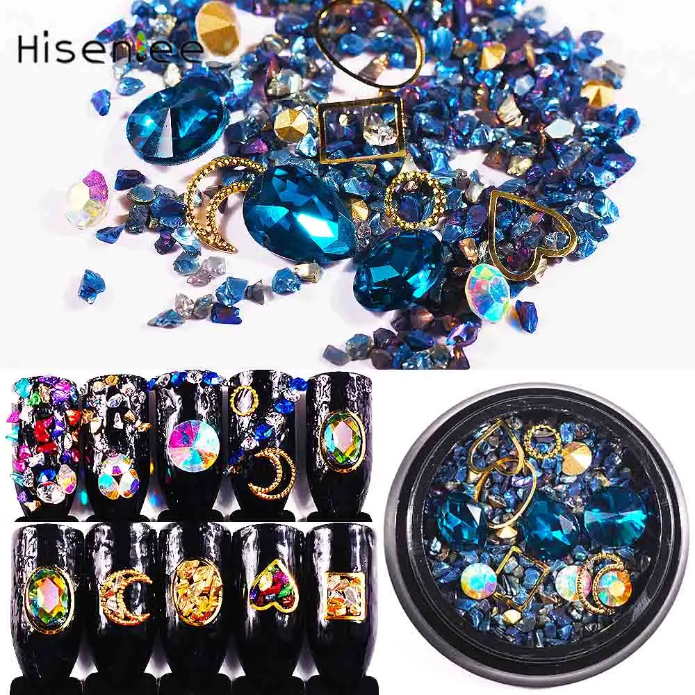 

Hisenlee 1 Box Nail Art Rhinestones Mixed 3D Crystal Cassiterite Stones metal Rivet Nails Charms DIY Combination Accessories