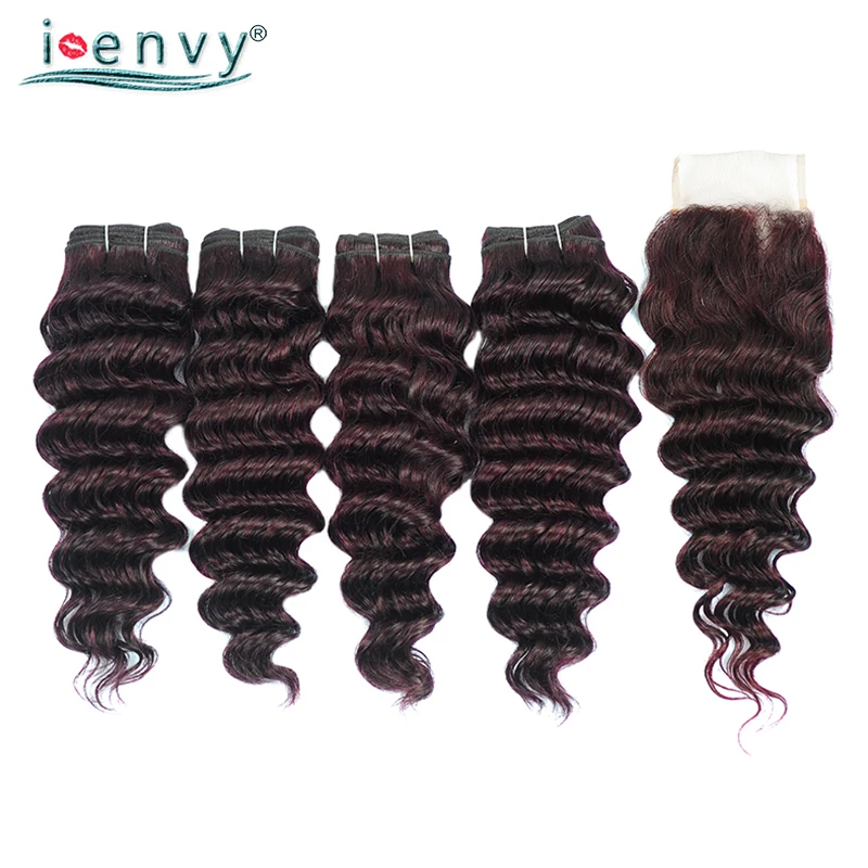 Ienvy красный фиолетовый пучки волос с закрытием вьющиеся натуральные волосы ткань 4 бразильские глубокая волна Связки с закрытием Цветной 135