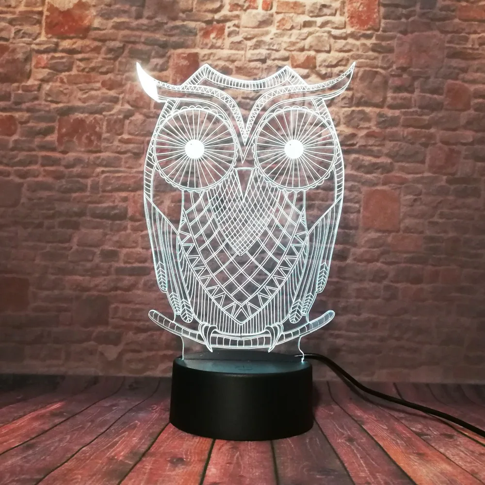 Милая сова 3D LED животное Ночная 7 видов цветов USB голограмма лампа настольная