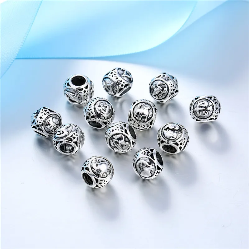 

5Pcs European Antique Silver 12 Constellation Pattern Design Alloy Round Beads DIY Bracelet Necklace Jewelry Making Findings C34