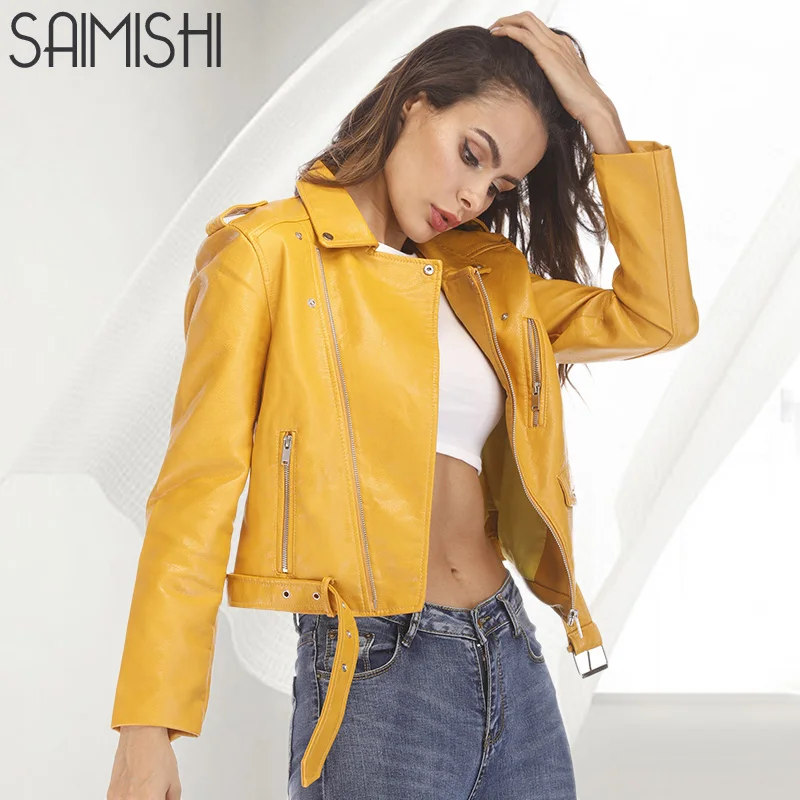 Женские мотоциклетные куртки Saimishi Короткие Куртки из искусственной кожи на