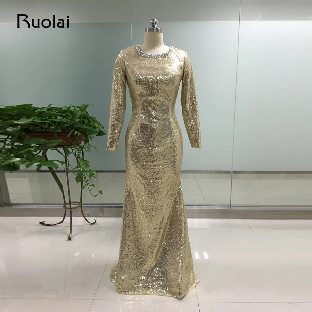 Настоящее золото вечерние платья с пайетками одежда с длинным рукавом с юбкой-годе украшенное кристаллами бисером мусульманские платья