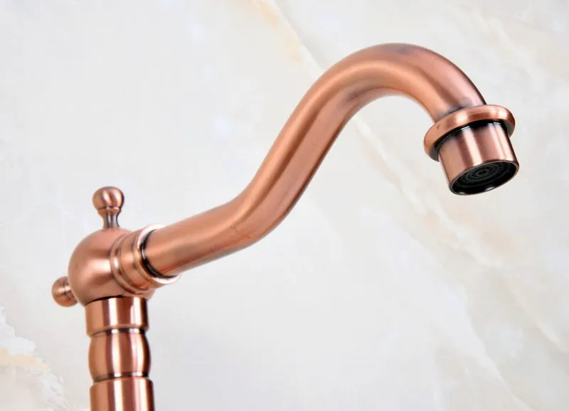 Antique Red Copper Brass Dual Cross Handles Bathroom Kitchen Basin Sink Faucet Mixer Tap Swivel Spout Deck Mounted mnf613