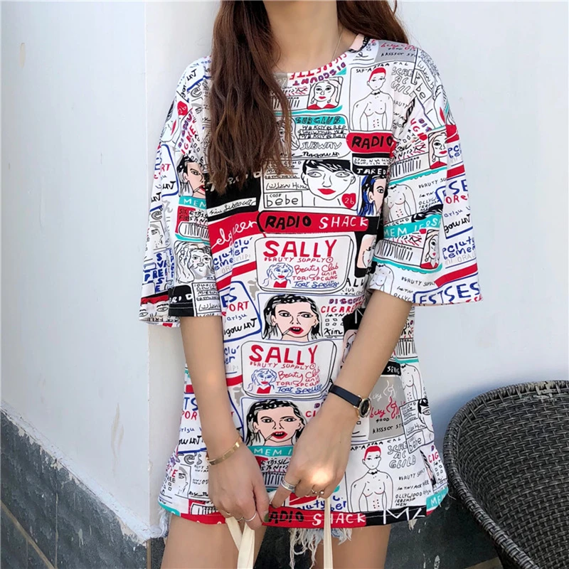 

2018 Women Summer Tops Cartoon Print T-shirt Streetwear Harajuku Plus Size Tee Female BF Oversize Short Sleeve O-Neck Tshirts