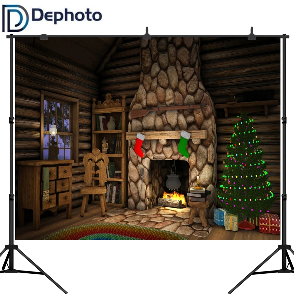 Dephoto Photography Backgrounds Christmas Tree stone Fireplace Carpet Hunter hut Photo Backdrops For Studio | Электроника