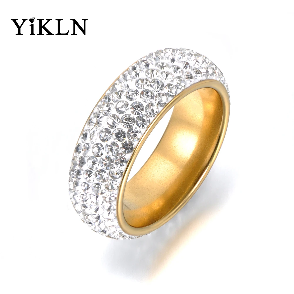 

YiKLN Classic Rhinestone Stainless Steel Finger Rings Pave Setting CZ Crystal Gold Color Wedding Rings Jewelry For Women YR18057