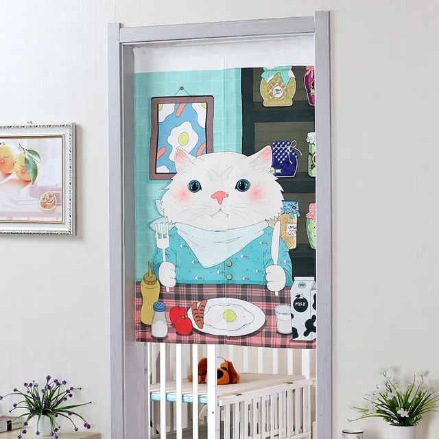 Kitchen Fabric Door Curtains Blue Cartoon Cat Dinner Table Print Kitchen Fabric Door Curtains Blue Cartoon Cat Dinner Table Print Doors Decor Dinning