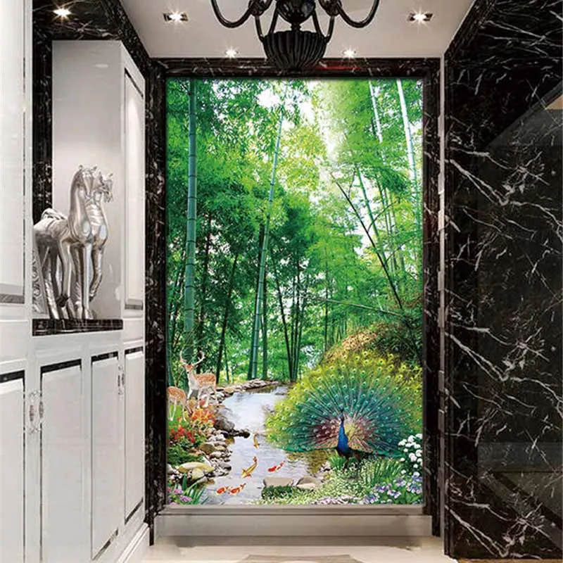 

Custom 3D Fabric Textile Wallcoverings For Walls Cloth Murals Matt Silk Entrance Hallway Corridor Scenery Bamboo Forest Peacock