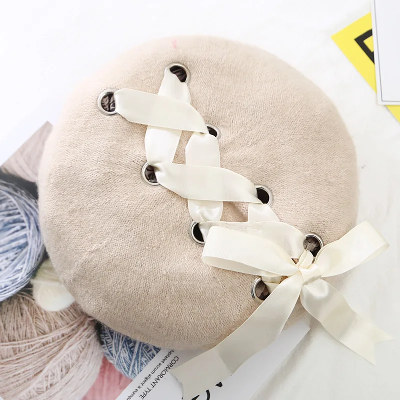 Hot Sale VISROVER New Sweet Cute Berets Women Winter Hats aron color Ribbon Woolen Lolita Beret classical Soft Straps Cross Bow_voghion.com