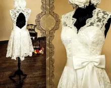Discount Wholesale Custom Made A-Line V Neck Keyhole Back Knee Length Lace Real Sample Short Wedding Dress With Sash MF319