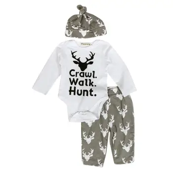 

2016 baby romper suit unisex 3pcs new born babies clothing Outfit Clothes Print Romper Tops+Long Pants +Hat jumpsuit great