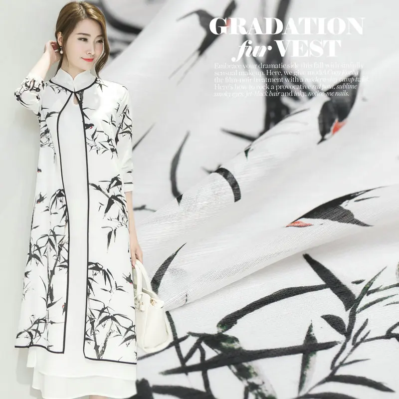 

The swallow and bamboo Digital Printed Silk Linen Fabric