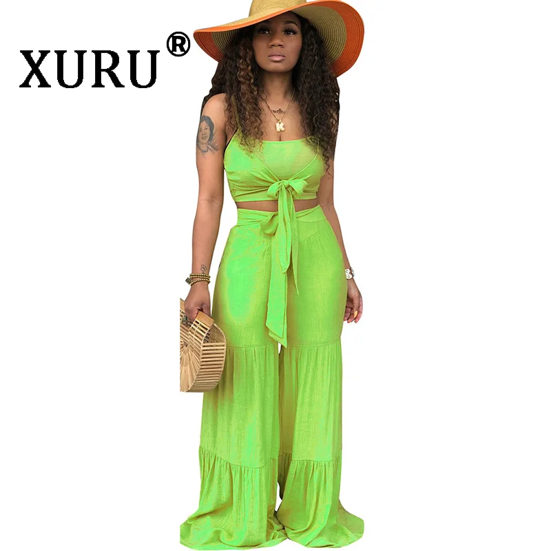 

XURU summer new women's jumpsuit two-piece fashion strap elastic jumpsuit wide-leg pants suit