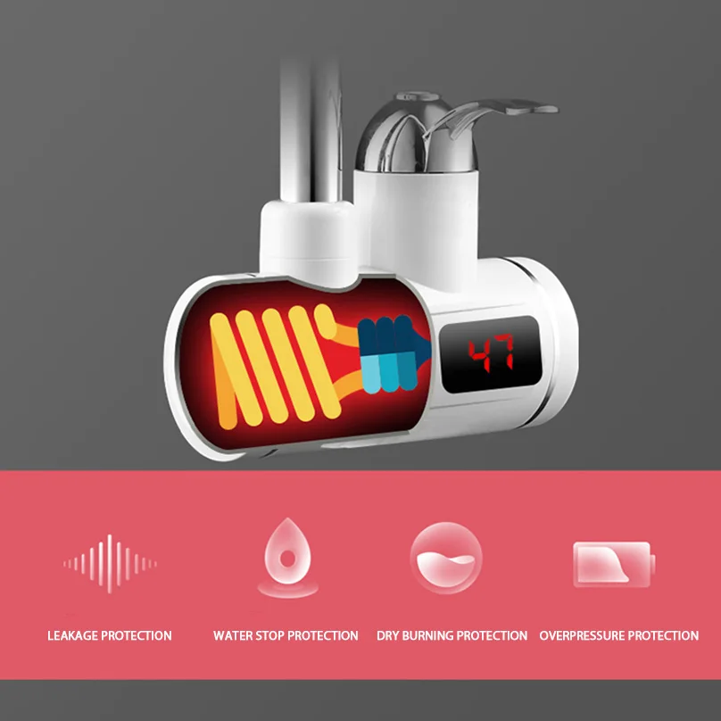 Instant Tankless Electric Hot Water Heater Faucet Kitchen Heating Tap Under and Lateral Water Inflow with LED Display UK EU Plug