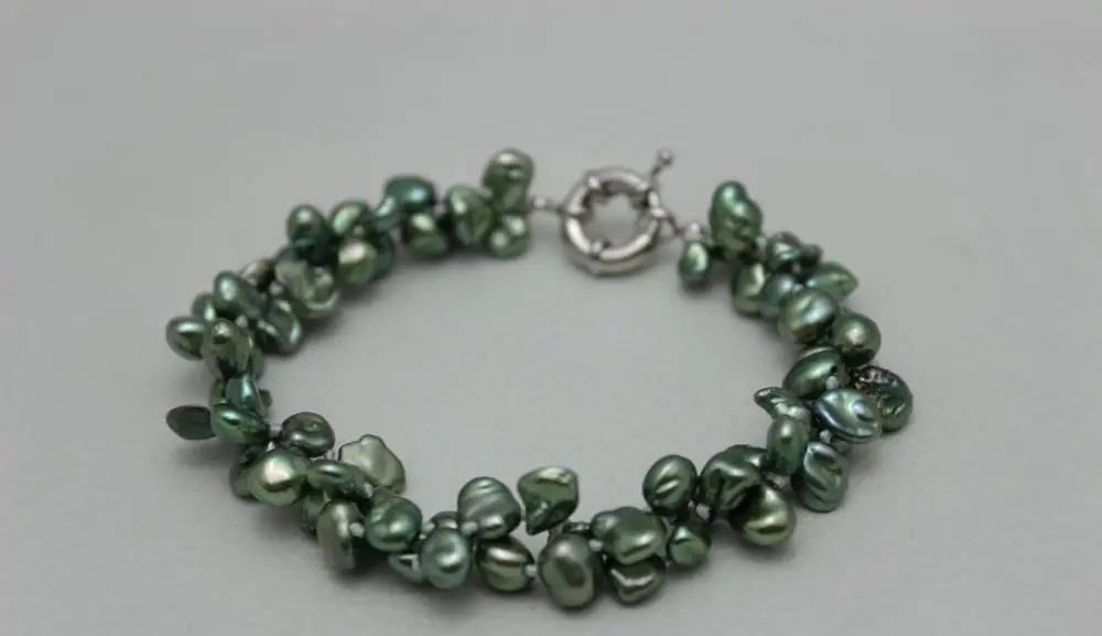 

2 strands dark green Beautiful keshi reborn pearl bracelet "Handmade" Alloy 9