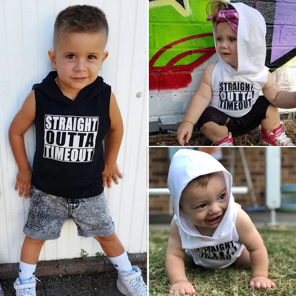 

toddler baby boy girl Sleeveless letter print hoodies Tops summer kids Sweatshirt kid clothes white black 2019 baby shirt
