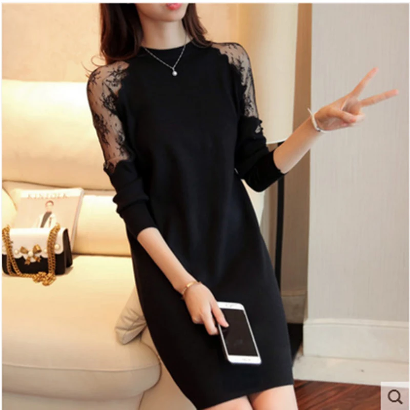 

Fiesta New Arrival Real Knee-length Solid A-line Full Spring Women Dress 2019 's Lace Knit Sweater Bottoming Shirt