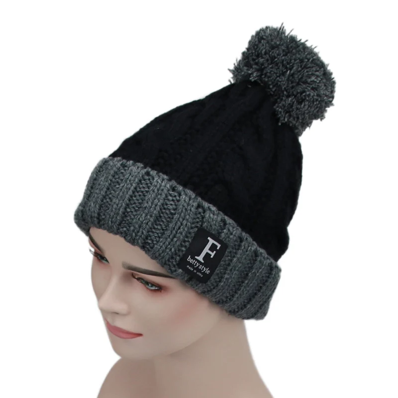 Winter Keep Warm Knitted Hat Women Outdoor Warm Double Color Cap Female Creative Pompom Decoration Cap Beanies - Цвет: Black