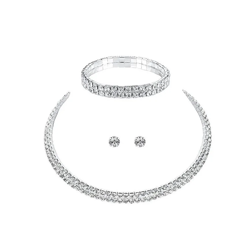 Círculo de Cristal Da Dama de Honra Nupcial Conjuntos de Jóias De Cor Prata de Strass Casamento Colar Brincos Pulseira Conjuntos para As Mulheres (2)