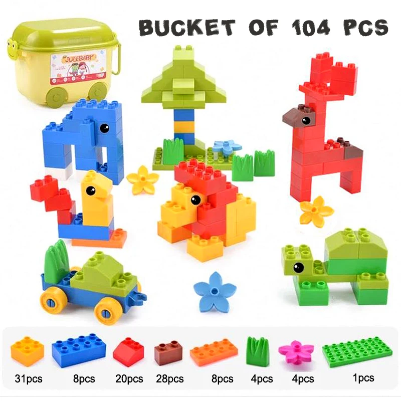 

DOLLRYGA 104pcs With Bucket Building Block Big Bricks Part DIY Bulk Building Blocks Compatible Legoing Birthday Gift Mixed Color