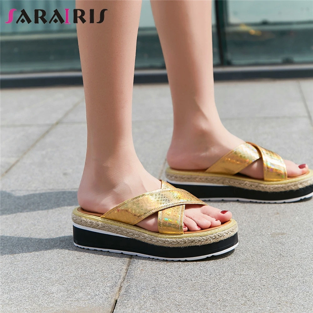 

SARAIRIS Brand New Fashion women's Genuine Leather Ladies Wedges Heels Platform Shoes Woman Casual Outside Summer Slippers