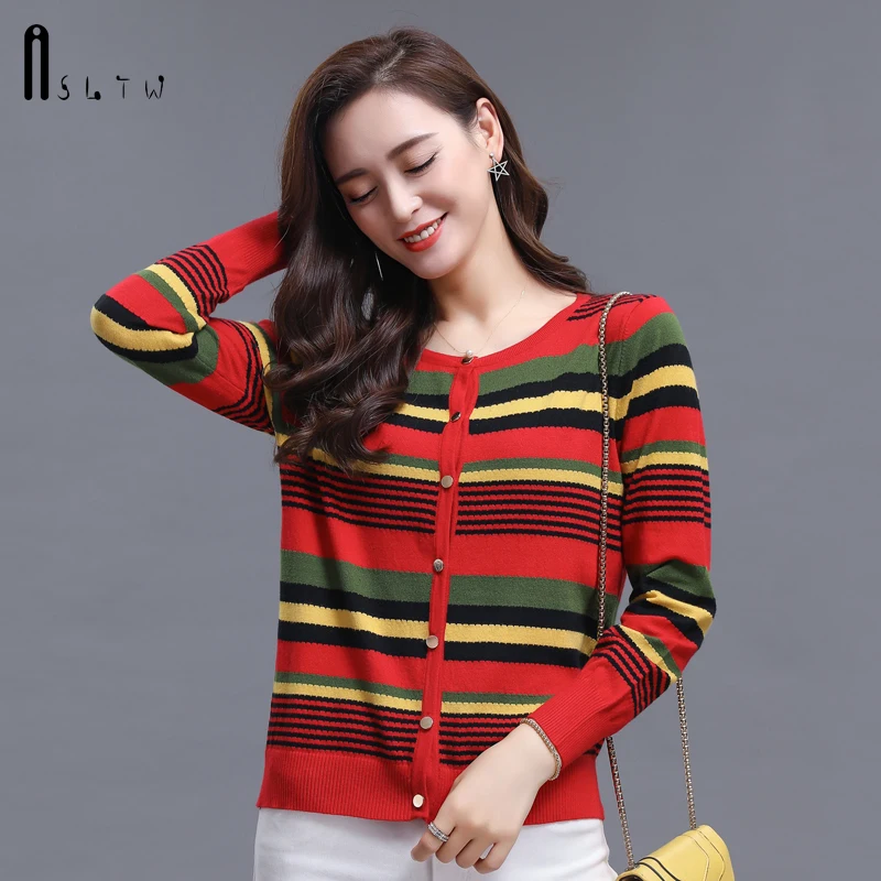 ASLTW Women's Sweater 2019 Spring O Neck Lady's Long Sleeve Single Breasted Stripe Casual New Harajuku Cardigan |