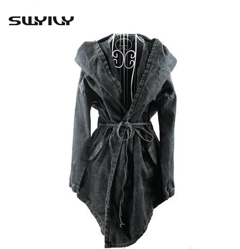 Greatest  Hooded Drawstring Waist Irregular Denim Jacket Cloak 2016 Winter Parkas High-Quality Women Jeans Ch