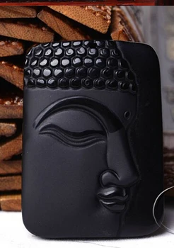 

Black 100% Natural A Obsidian Carved Buddha head Pendant Giving black rope gift