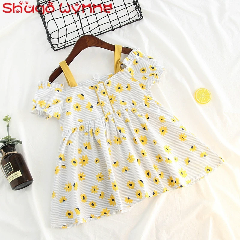 

Summer Children's Cotton Sunflower Print Short Sleeve Off Shoulder Princess Party Cute Pleated Girls Dress vestidos
