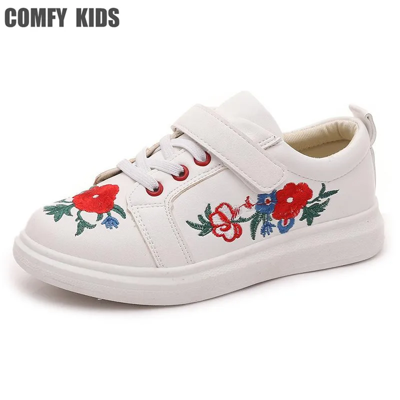 

Embroidered Artificial PU 2017 New Spring autumn child girls sneakers shoes comfy kids rubber sole size 27-36 girls leather shoe