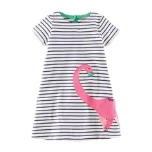 Jumping meters summer Baby girl Dresses striped hot selling children clothes knitted applique animal dinosaur dress girl